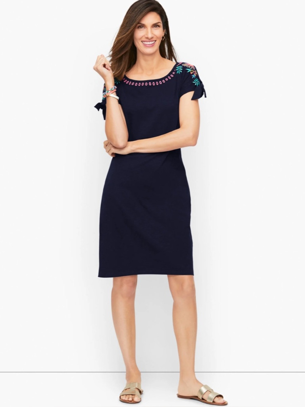 TALBOTS EMBROIDERED SHIFT DRESS NANTUCKET SLUB SZ XL Navy Blue